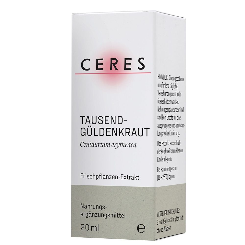 Vorderseite der Faltschachtel mit CERES Tausendgüldenkraut Extrakt 20ml.