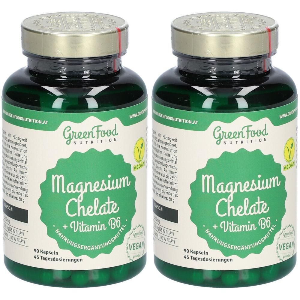 Zwei grüne Glasflaschen mit goldenen Deckeln. Auf den Etiketten steht "Magnesium Chelate + Vitamin B6". Vegan-Siegel.