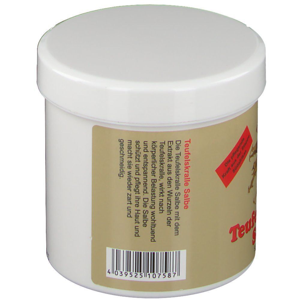Weißer Tiegel mit weißem Deckel. Auf dem Etikett: Produktbeschreibung, Barcode.