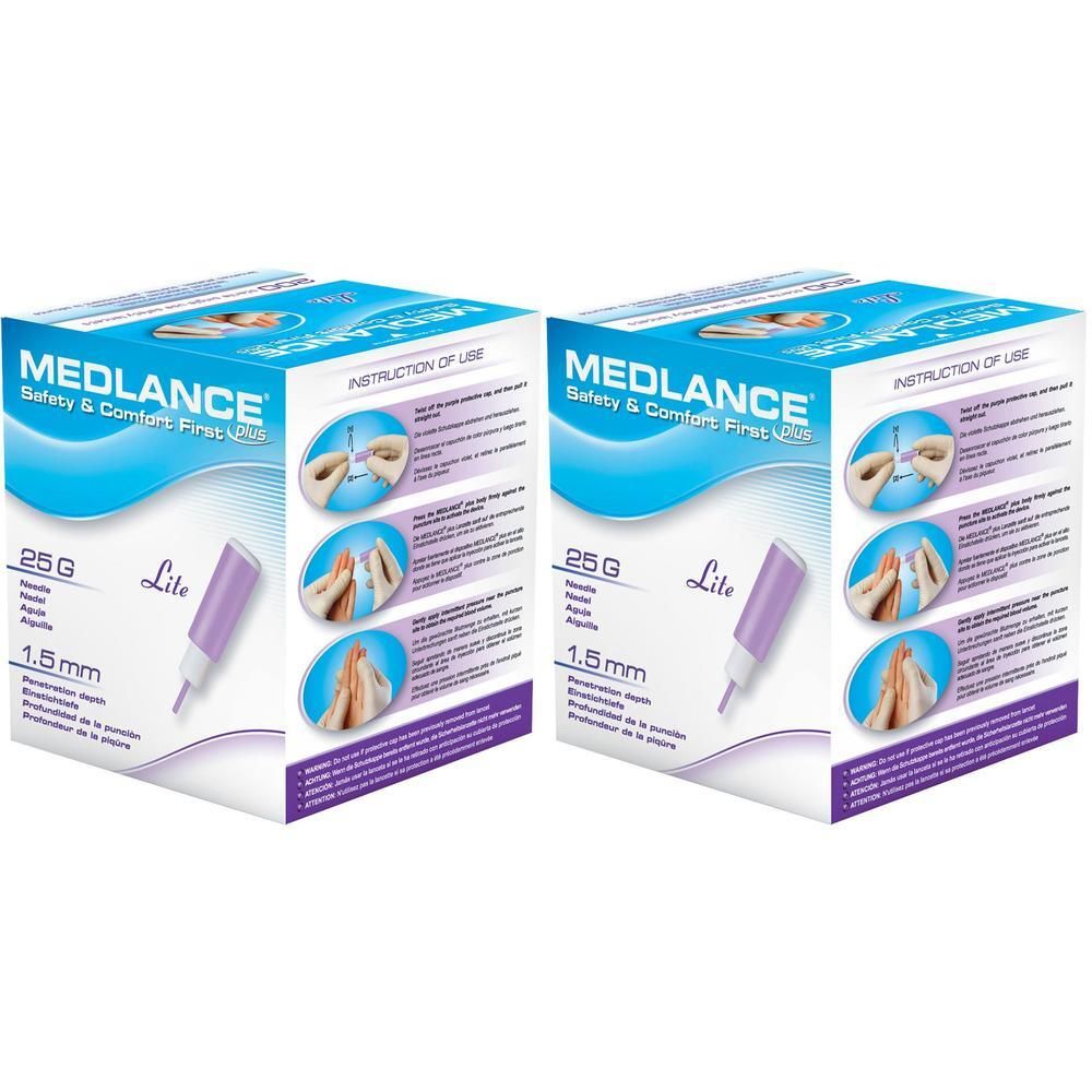 Zwei Schachteln MEDLANCE® plus Lite Sicherheitslanzetten. Auf jeder Schachtel sind Produktabbildungen und Textinformationen zu sehen.
