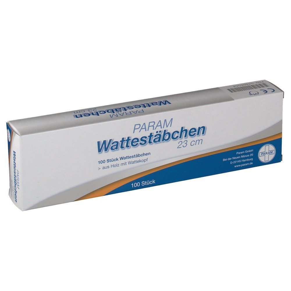 Schachtel PARAM Wattestäbchen, 23 cm. Aufschrift: 100 Stück, Holz mit Wattekopf. CE-Kennzeichnung.