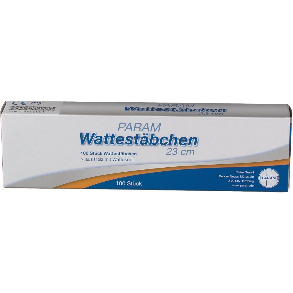 Schachtel PARAM Wattestäbchen, 23 cm. Aufschrift: 100 Stück, Holz mit Wattekopf. CE-Kennzeichnung.