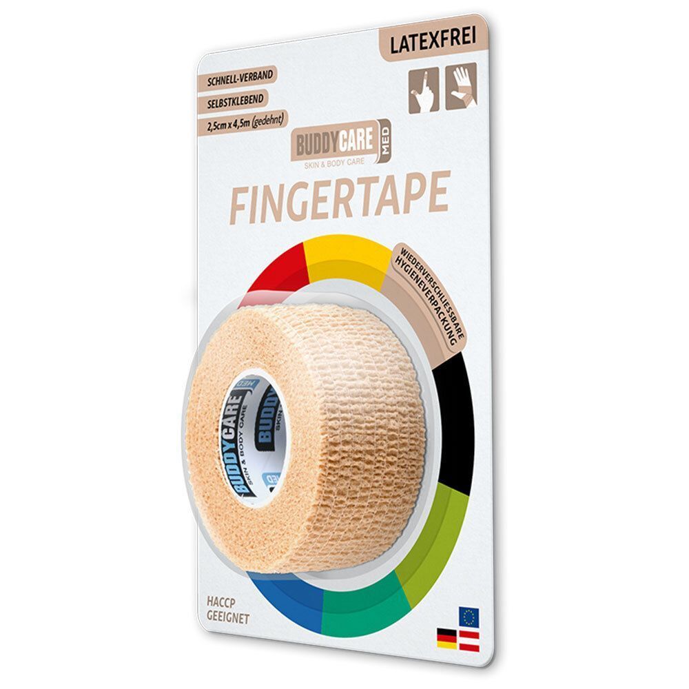 FINGERTAPE latexfrei BUDDYCARE MED in Verpackung. Hautfarbenes, selbstklebendes Verbandmaterial. Produktinformationen und Zertifizierungen auf der Verpackung.