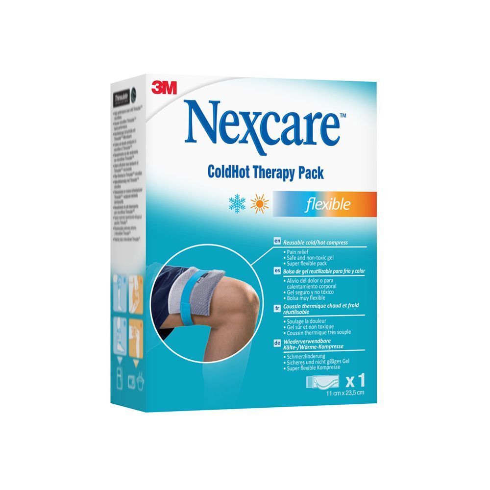 Nexcare ColdHot Therapy Pack in Verpackung. Blaue Verpackung mit Produktabbildung am Knie. Maße: 11 x 23,5 cm.