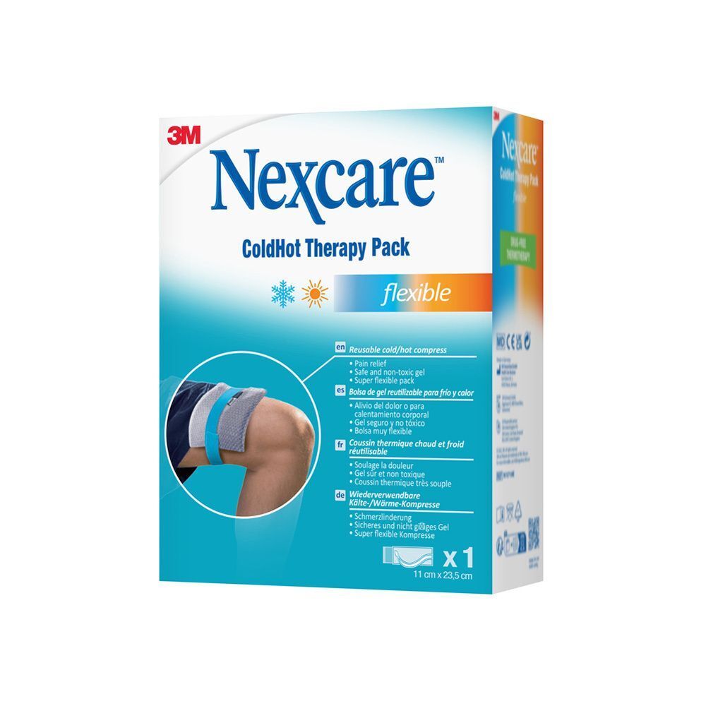 Nexcare ColdHot Therapy Pack in Verpackung. Blaue Verpackung mit Produktabbildung am Knie. Maße: 11 x 23,5 cm.