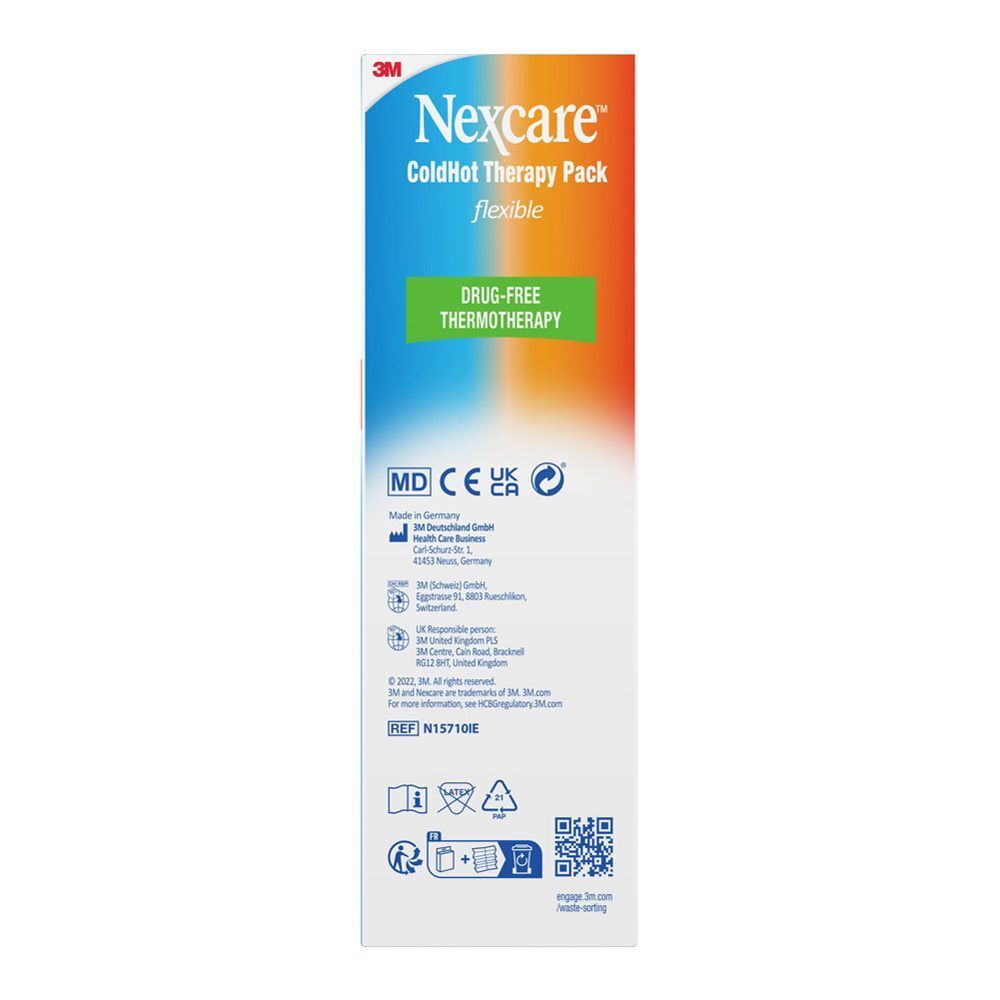Schmale Verpackung von Nexcare ColdHot Therapy Pack. Enthält Informationen und Logos.
