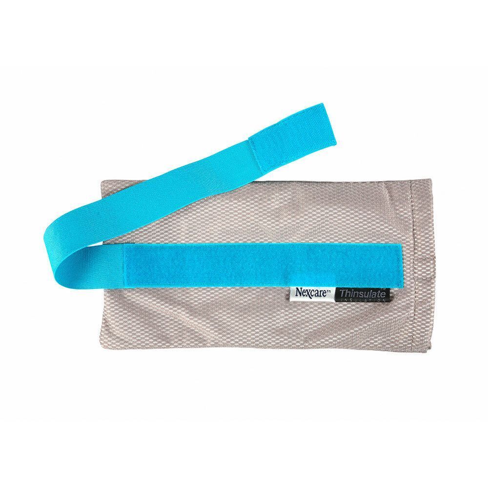 Hülle und Klettverschluss von Nexcare ColdHot Therapy Pack. Beige Hülle, blauer Klettverschluss.