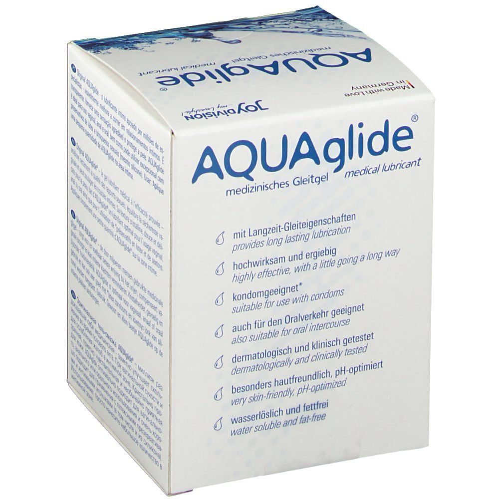 Quadratische Schachtel mit "AQUAglide"-Logo. Aufschrift: "medizinisches Gleitgel". Text: "kondomgeeignet", pH-optimiert. Marke: joydivision.