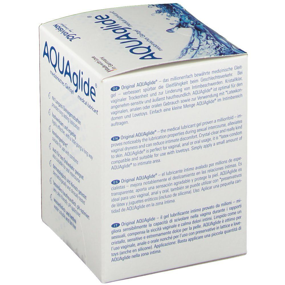 Quadratische Schachtel mit "AQUAglide"-Logo. Aufschrift: "medizinisches Gleitgel". Text in mehreren Sprachen. Marke: joydivision.