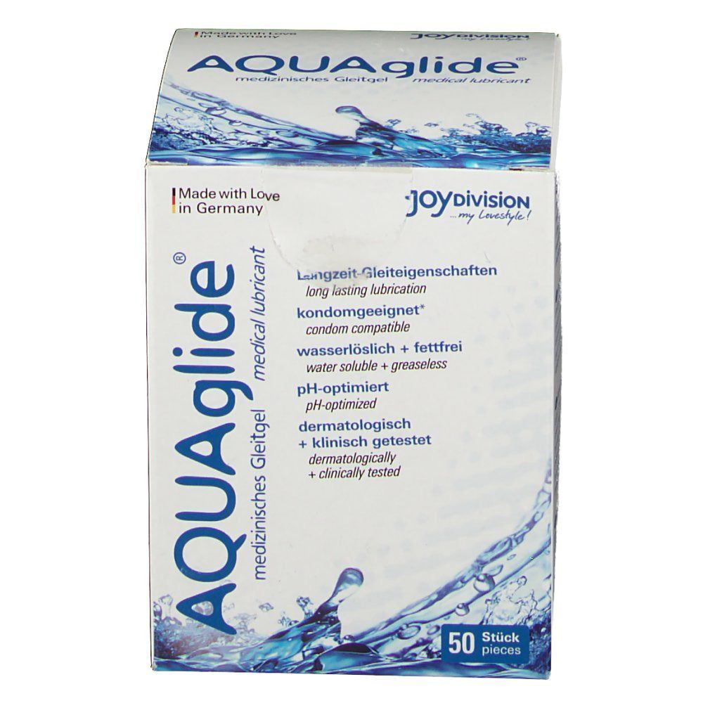 Schachtel mit "AQUAglide"-Logo. Aufschrift: "medizinisches Gleitgel". Text: "kondomgeeignet", pH-optimiert. 50 Stück. Marke: joydivision.