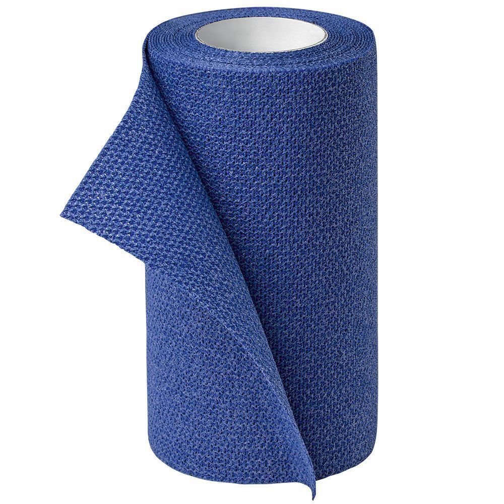 Blaue kohäsive Binde, teilweise abgerollt. Sichtbare Größe.