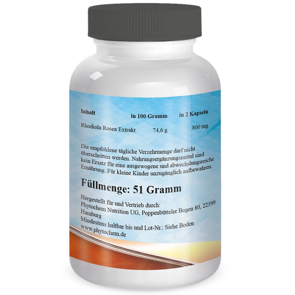 Flasche mit Kapseln. Aufschrift: Rhodiola Rosea Extrakt, 51 Gramm. Informationen zu Inhaltsstoffen und Hersteller.