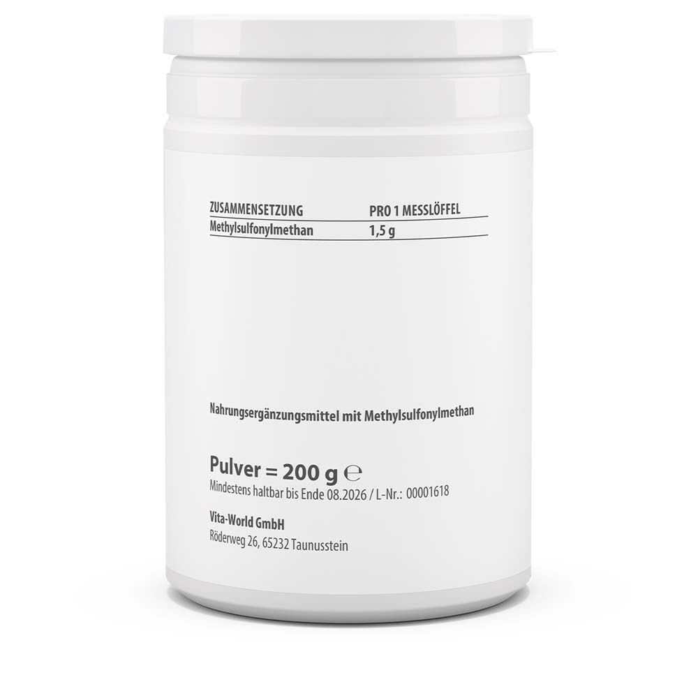 Rückseite eines Behälters mit Vitaworld MSM Pulver, 200 g. Enthält Zusammensetzung und Haltbarkeitsdatum.