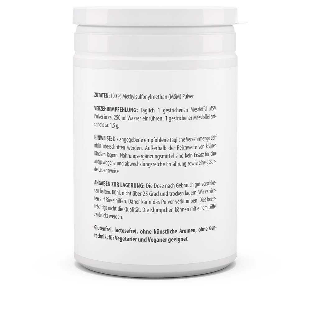 Rückseite eines Behälters mit Vitaworld MSM Pulver, 200 g. Enthält Zutaten, Anwendungshinweise und Lagerung.