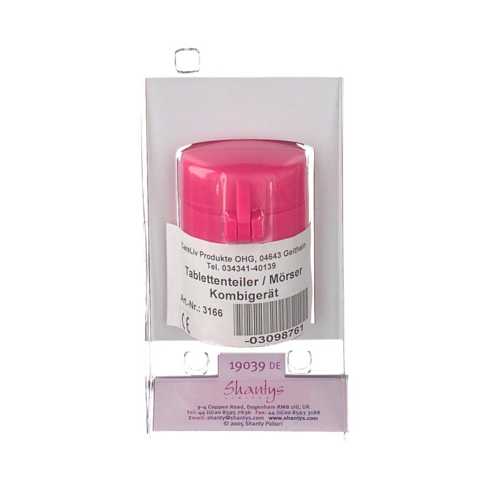 Pinkfarbener Tablettenteiler/Mörser in transparenter Verpackung. Aufdruck: PillMate, Tablettenteiler/Mörser Kombigerät. Mit CE-Kennzeichnung.