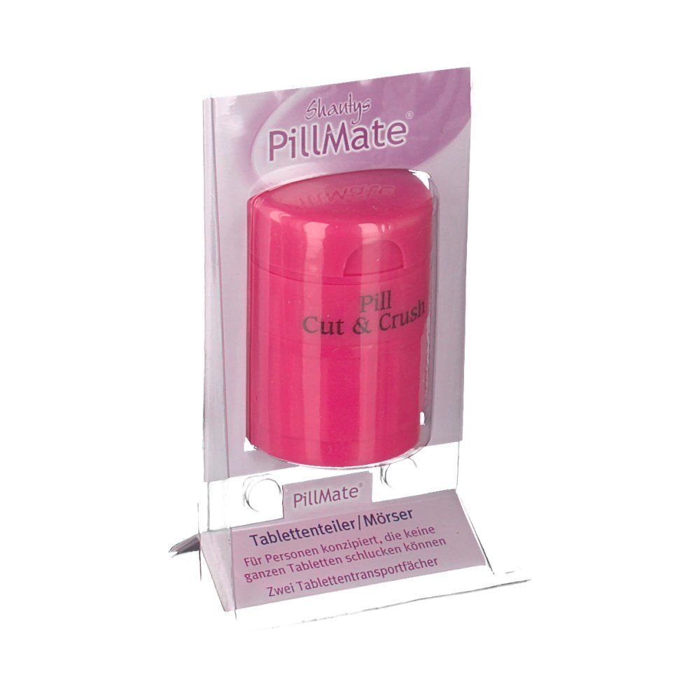 Pinkfarbener Tablettenteiler/Mörser in transparenter Verpackung. Aufdruck: PillMate, Pill Cut & Crush. Text: Tablettenteiler/Mörser.