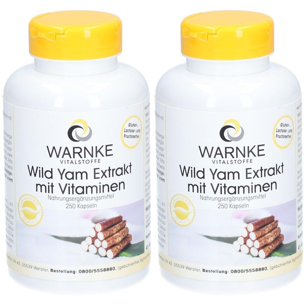 Zwei weiße Flaschen mit gelben Deckeln. Aufschrift: WARNKE Vitalstoffe, Wild Yam Extrakt mit Vitaminen, 250 Kapseln. Abbildung von Yamswurzeln.
