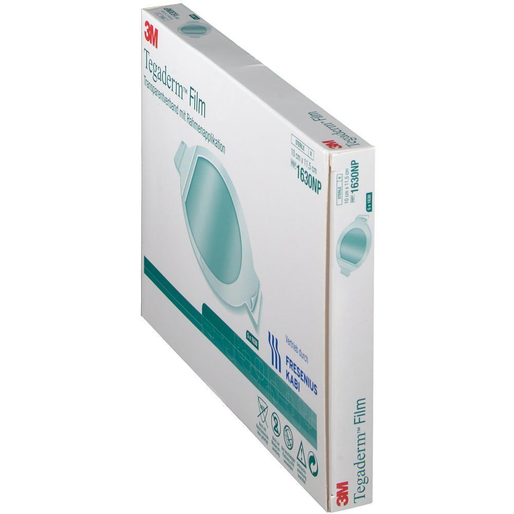 Tegaderm Film Packung, Seitenansicht. Transparentes Verband mit Rahmenapplikation. 10 x 11,5 cm. 3M Logo und Fresenius Kabi. Produktname und Größe.