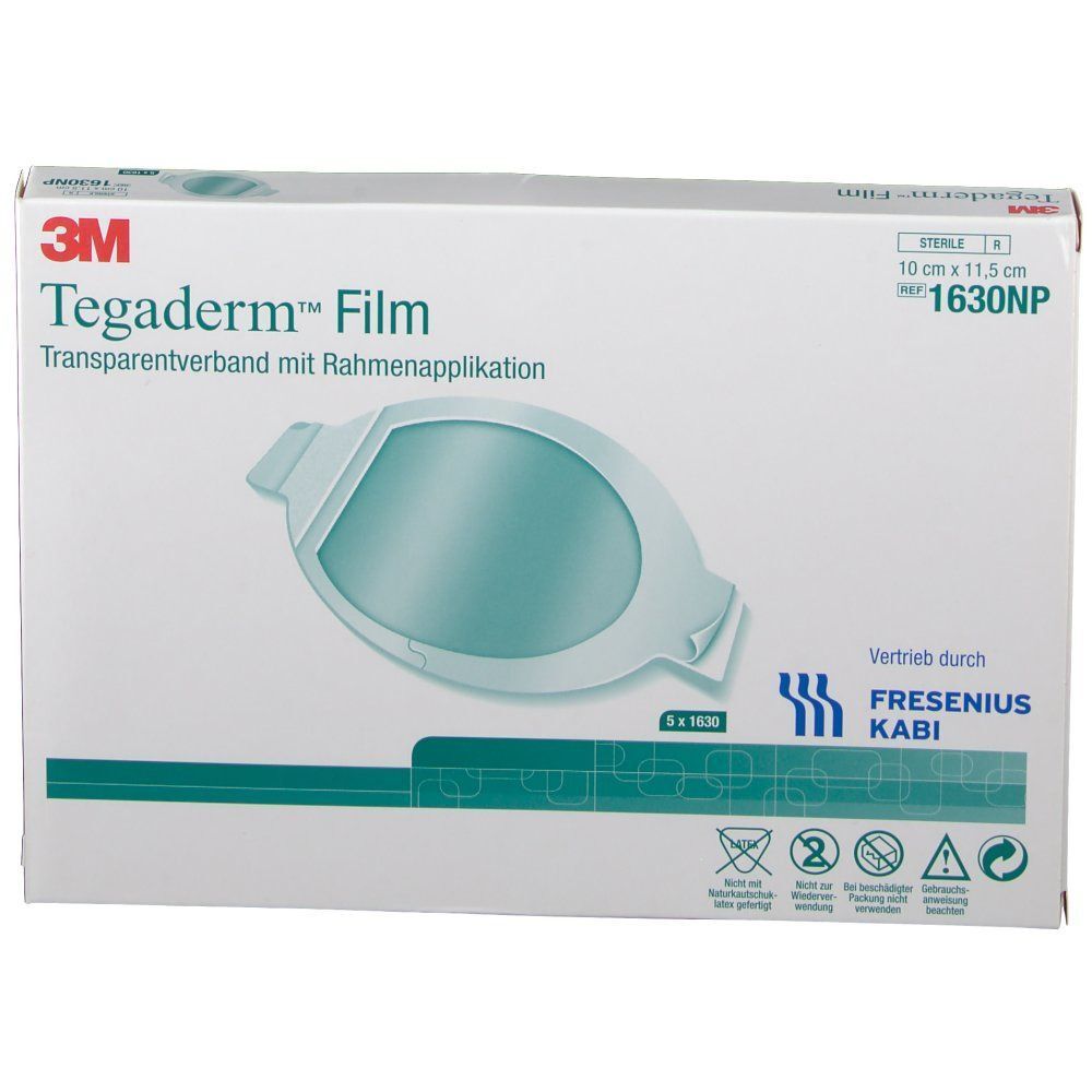 Tegaderm Film Packung. Transparentes Verband mit Rahmenapplikation. 10 x 11,5 cm. 3M Logo und Fresenius Kabi. Produktname und Größe.