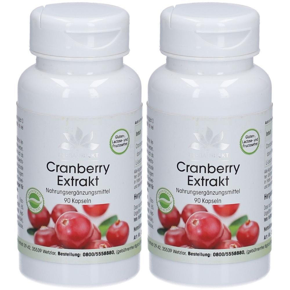 Zwei weiße Flaschen mit Cranberry Extrakt Kapseln. Aufschrift: Cranberry Extrakt, Nahrungsergänzungsmittel, 90 Kapseln. Mit Cranberry-Abbildung.