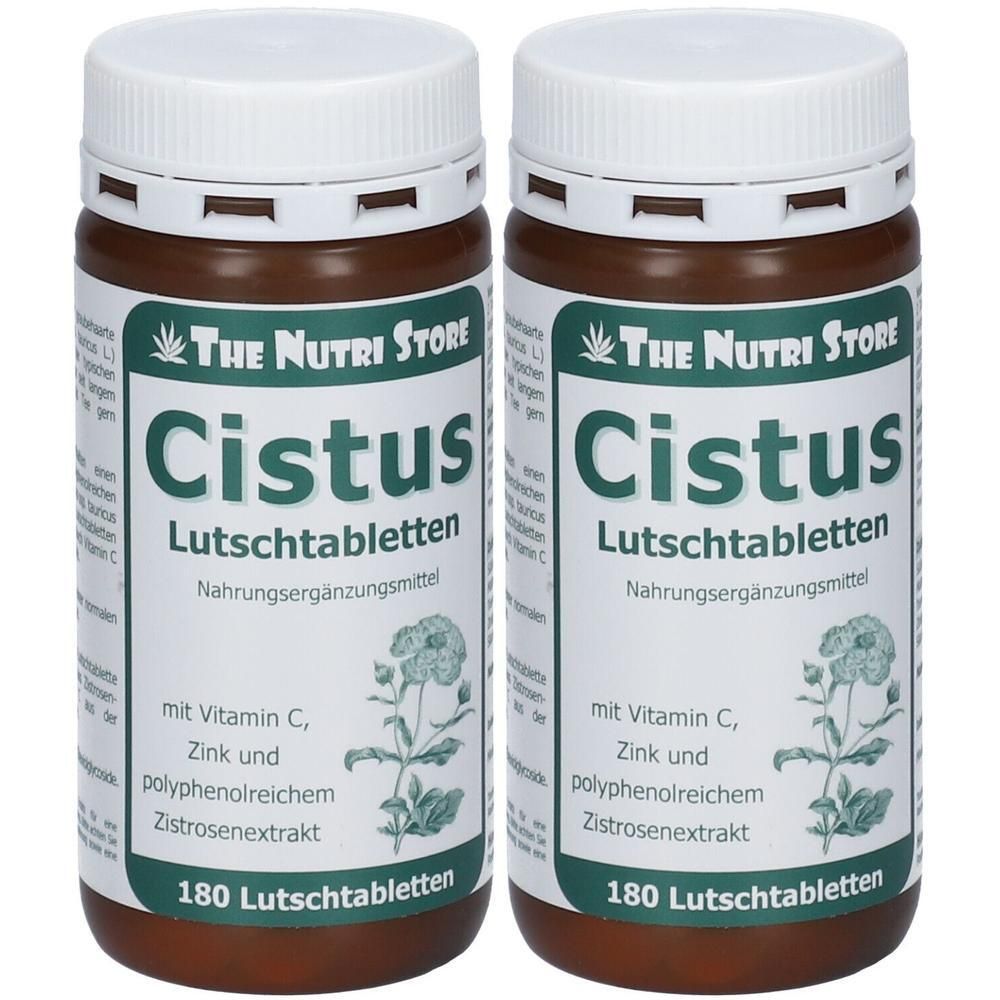 Zwei braune Flaschen mit weißen Deckeln. Aufschrift: Cistus Lutschtabletten, 180 Tabletten. Enthält Vitamin C, Zink und Zistrosenextrakt.