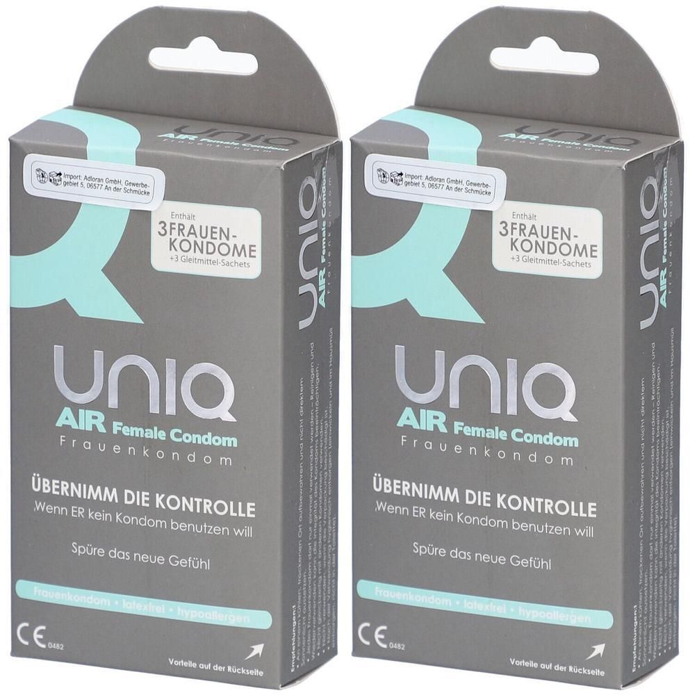 Zwei graue Schachteln mit dem Aufdruck "Uniq AIR Female Condom". Text: "3 Frauenkondome". CE-Zeichen. Aufschrift: "Übernimm die Kontrolle".