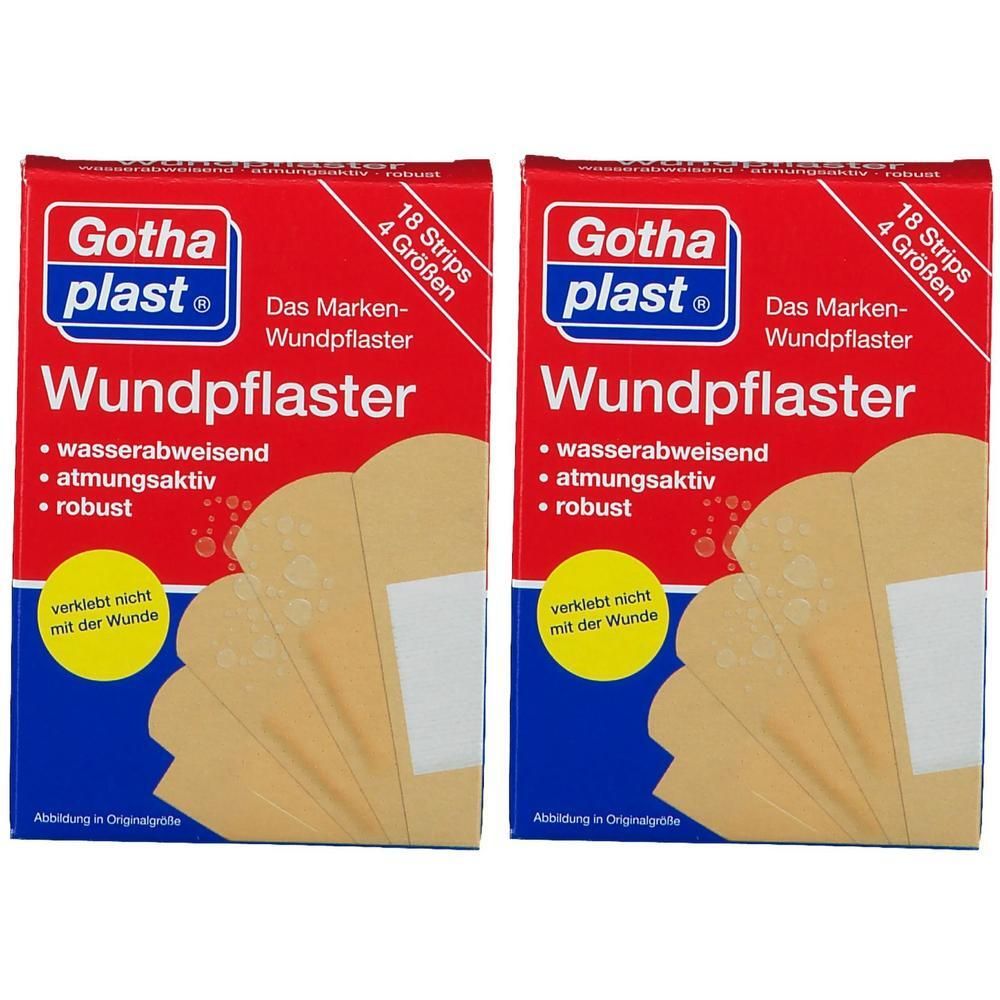 Zwei Packungen Wundpflaster. Rote Verpackung mit Produktnamen und Eigenschaften. Enthält 18 Strips in 4 Größen. Pflaster sind wasserabweisend und atmungsaktiv.