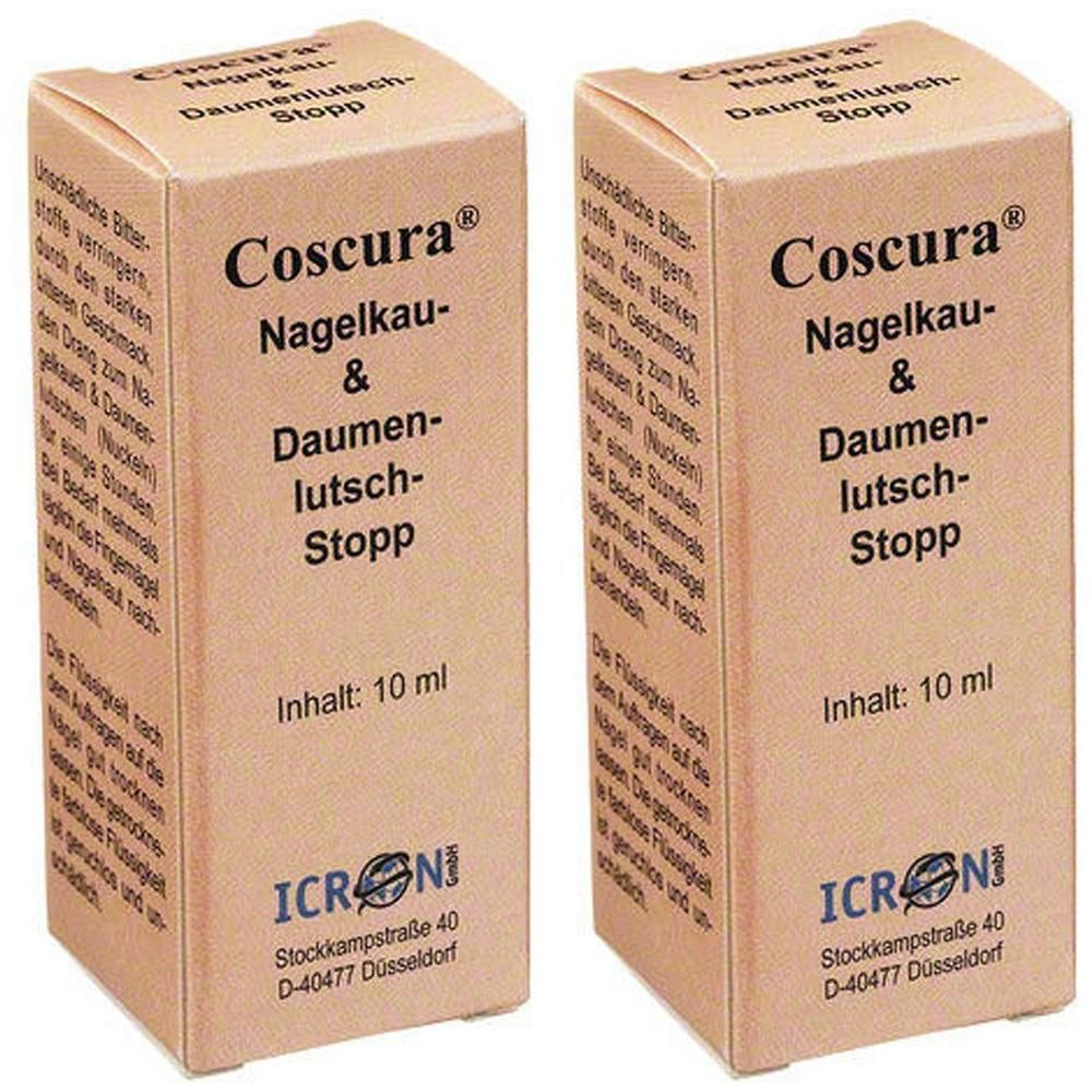 Zwei rechteckige Kartons. Aufschrift: Coscura Nagelkau- & Daumenlutsch-Stopp. Inhalt: 10 ml. Logo und Adresse.