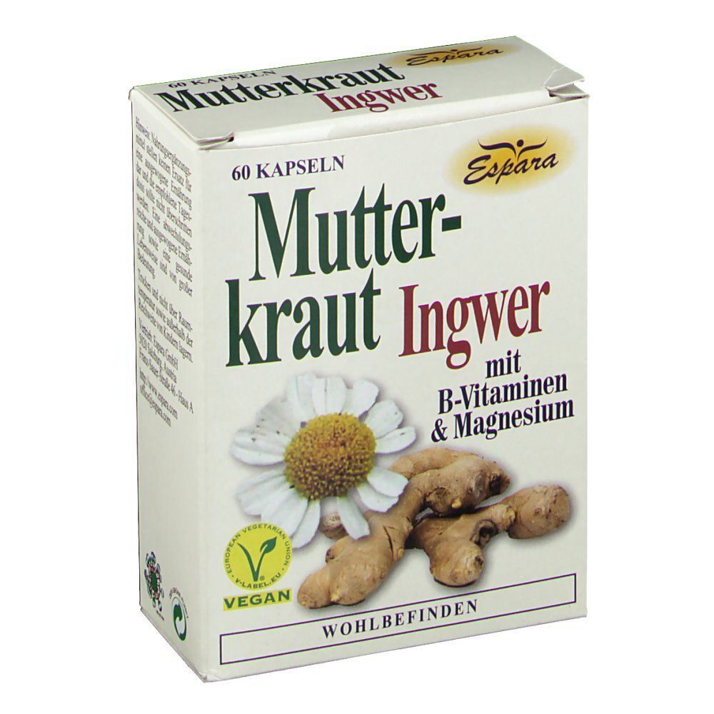 Weiße Schachtel mit Produktnamen, Kamille, Ingwer, B-Vitaminen und Magnesium. Vegan-Siegel. Ingwer- und Kamillen-Illustration.