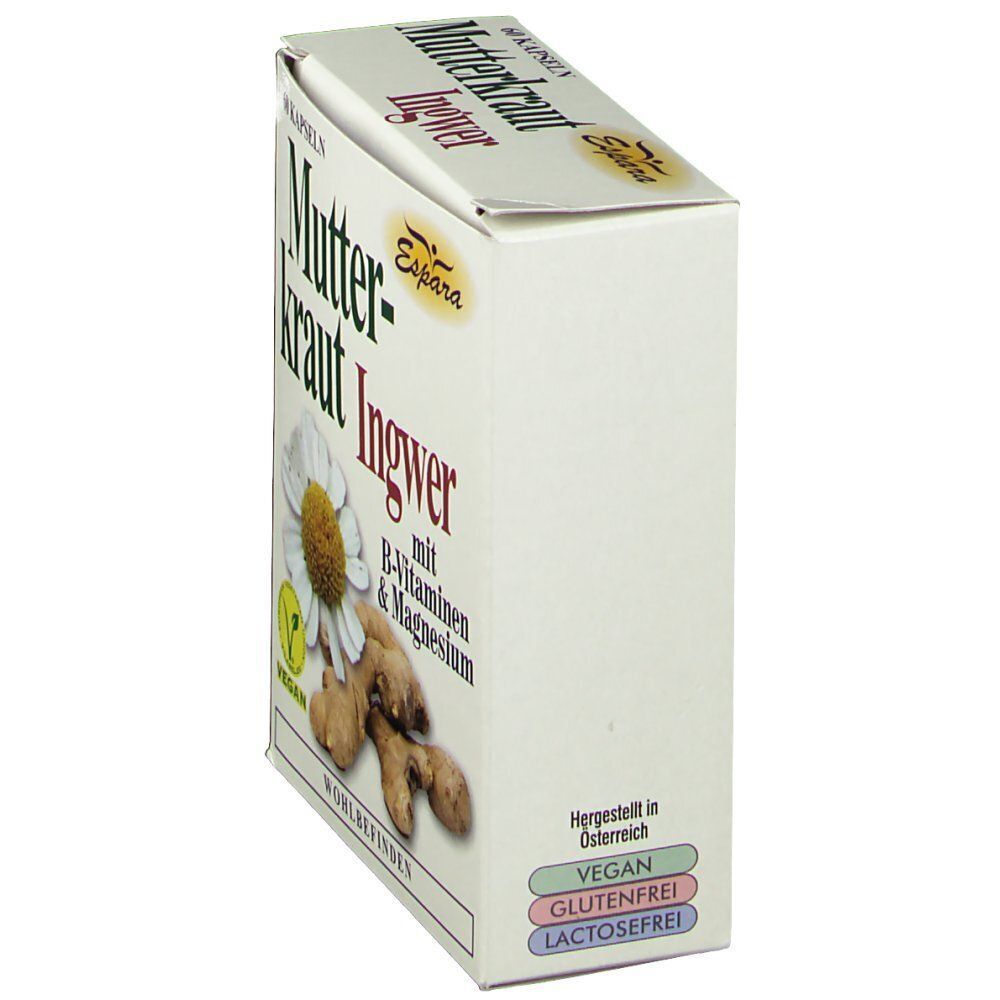 Weiße Schachtel, schräg. Produktname, Kamille, Ingwer, B-Vitamine und Magnesium. Vegan, glutenfrei, laktosefrei. Hergestellt in Österreich.