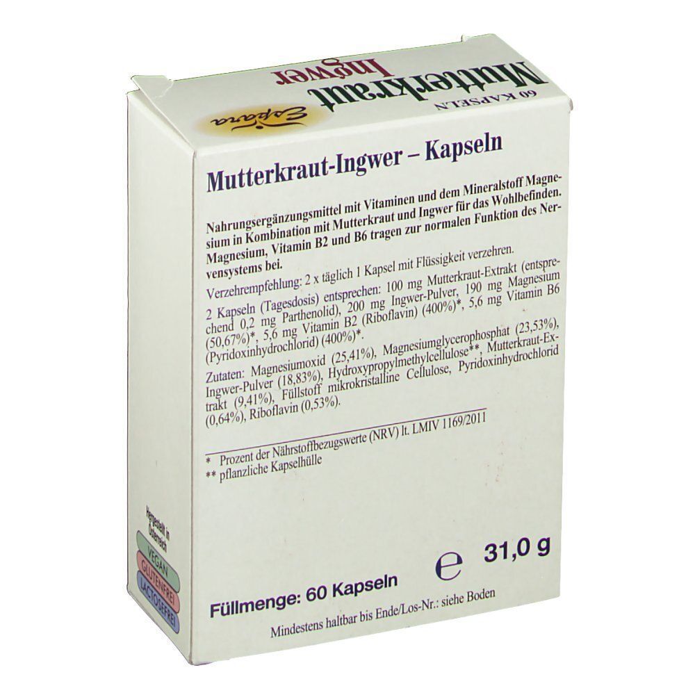 Weiße Schachtel, Rückseite. Produktinformationen, Inhaltsstoffe, Dosierung. Füllmenge: 60 Kapseln. Mindestens haltbar bis.