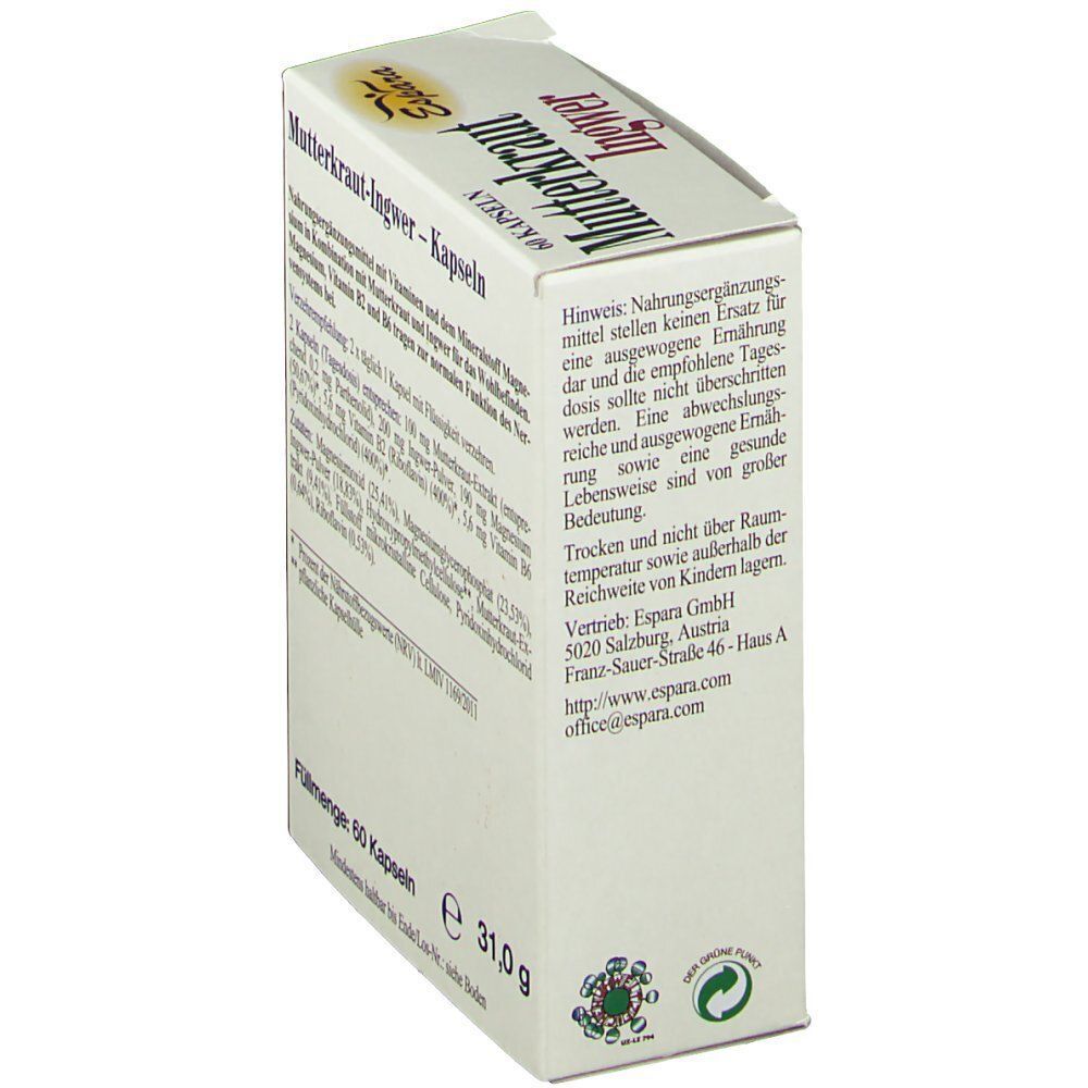 Weiße Schachtel, Seite. Produktname, Informationen, Hinweise. Füllmenge: 60 Kapseln. Adresse des Herstellers.