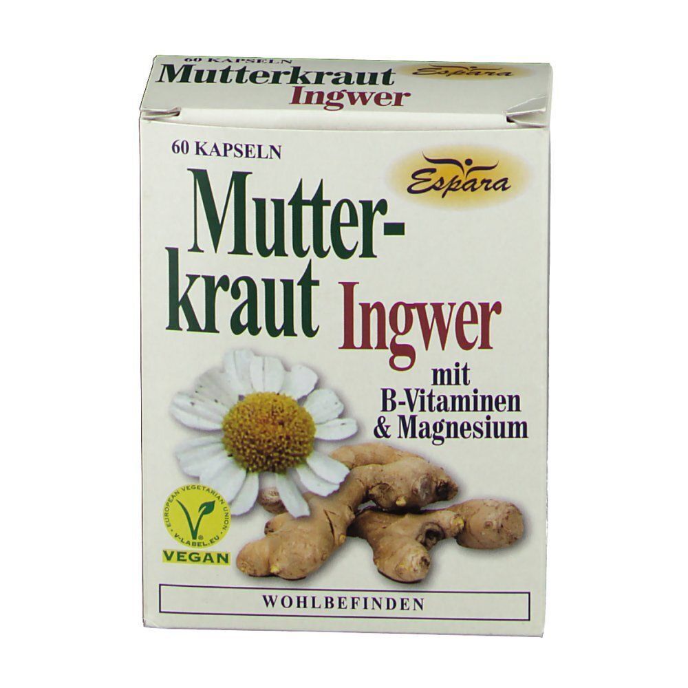 Weiße Schachtel. Produktname, Kamille, Ingwer, B-Vitamine und Magnesium. Vegan-Siegel. Ingwer- und Kamillen-Illustration.