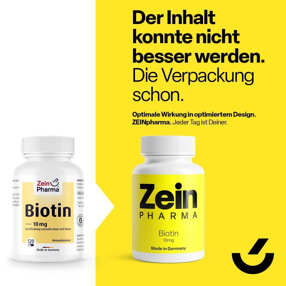 Zwei Flaschen Biotin, eine links, eine rechts. Die rechte Flasche ist größer. Gelber Hintergrund mit Text: "Der Inhalt konnte nicht besser werden. Die Verpackung schon."