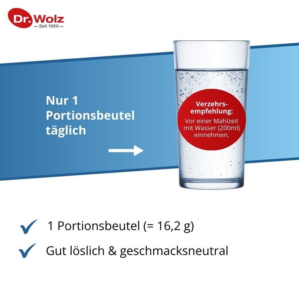 Glas Wasser mit Pfeil. Text: Nur 1 Portionsbeutel täglich. Empfehlung: Vor einer Mahlzeit mit Wasser einnehmen. Text: 1 Portionsbeutel. Gut löslich.