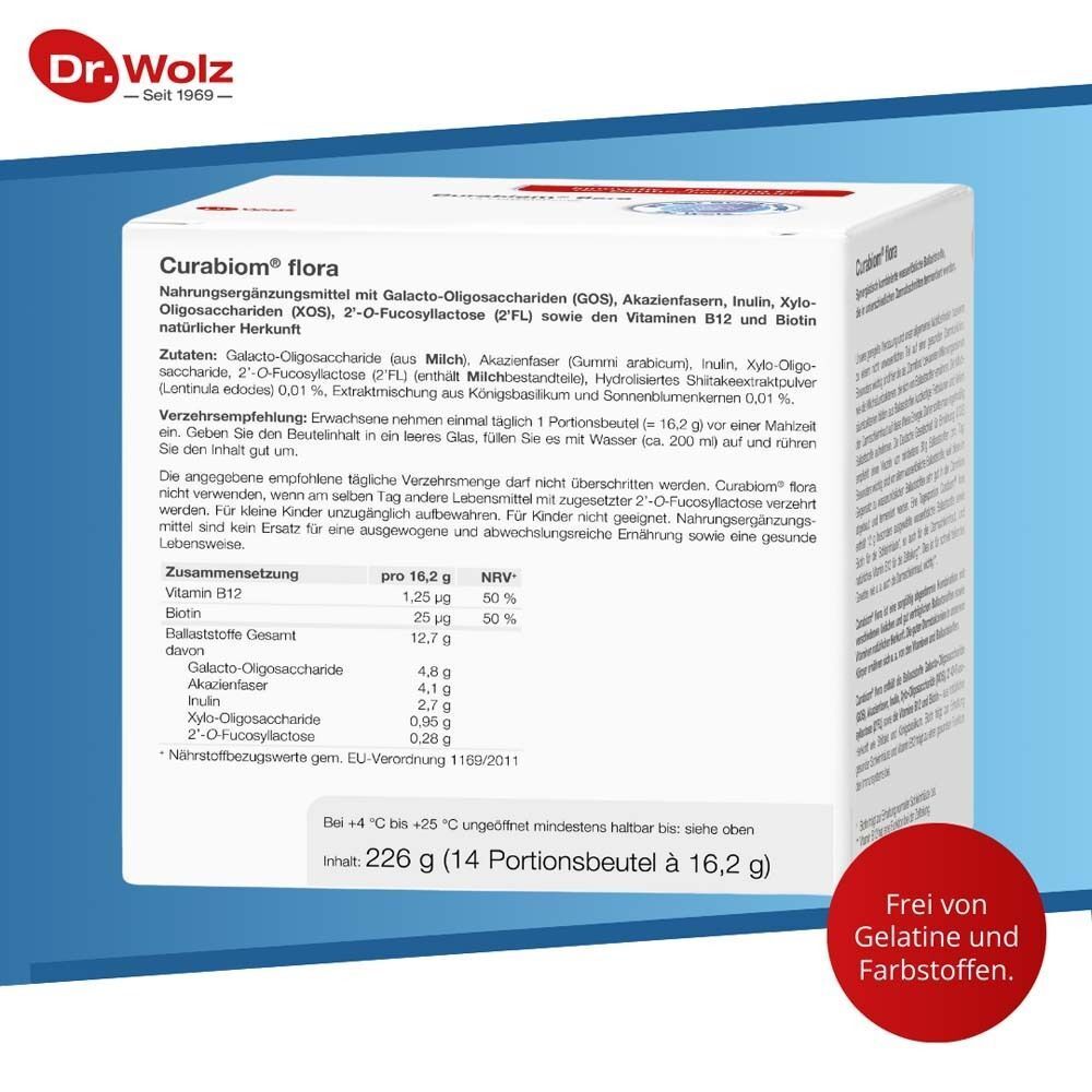 Rückseite der CURABIOM flora Verpackung. Text: Nährwertangaben, Inhaltsstoffe, Verzehrempfehlung. Text: Frei von Gelatine und Farbstoffen. 14 Portionsbeutel.