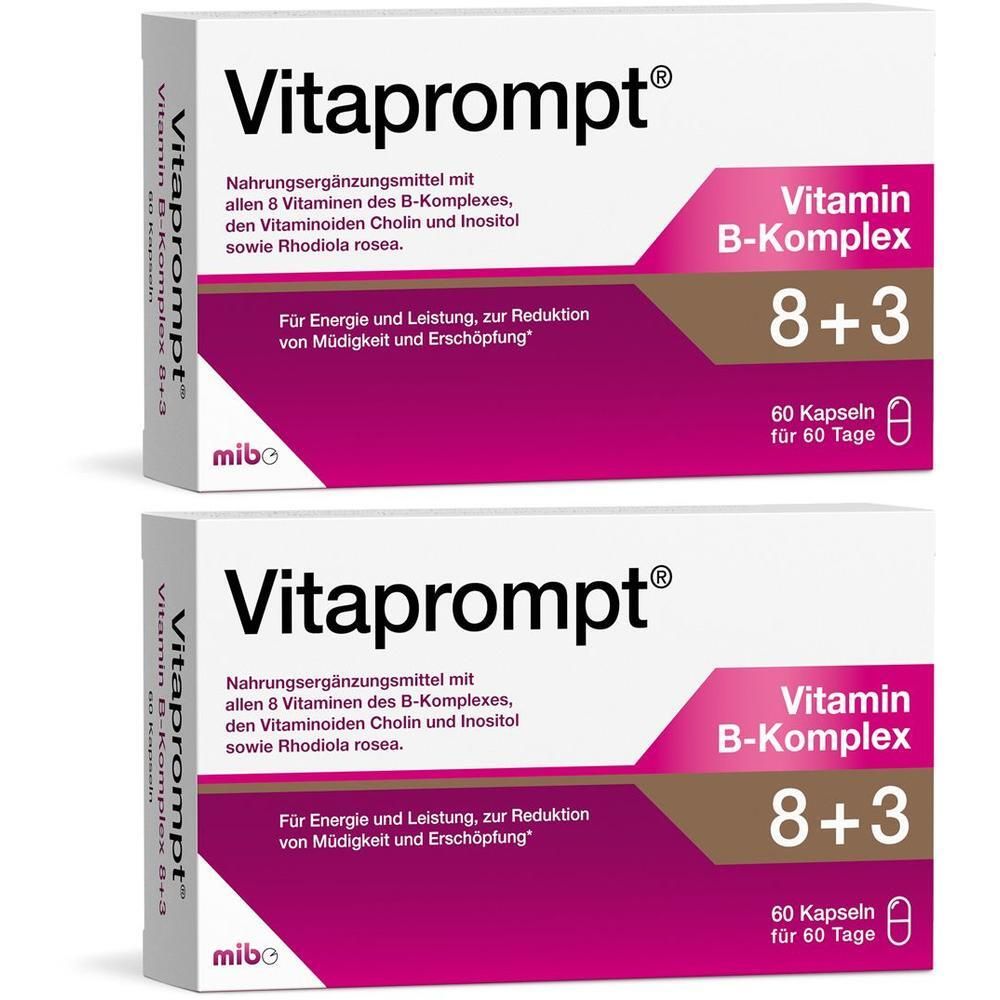 Zwei Packungen Vitaprompt Vitamin B-Komplex 8+3 Kapseln, 60 Kapseln pro Packung.