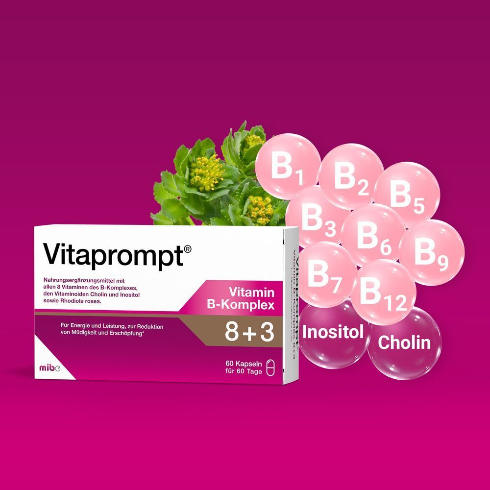 Vitaprompt Vitamin B-Komplex 8+3 Kapseln mit Darstellung der B-Vitamine, Inositol und Cholin.