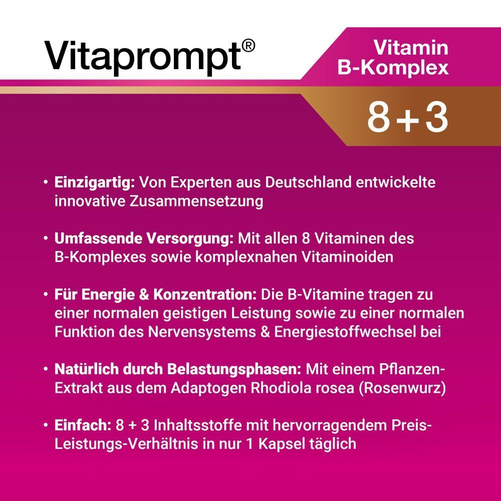 Vitaprompt Vitamin B-Komplex 8+3 Kapseln: Innovative Zusammensetzung, alle B-Vitamine, Rhodiola rosea.