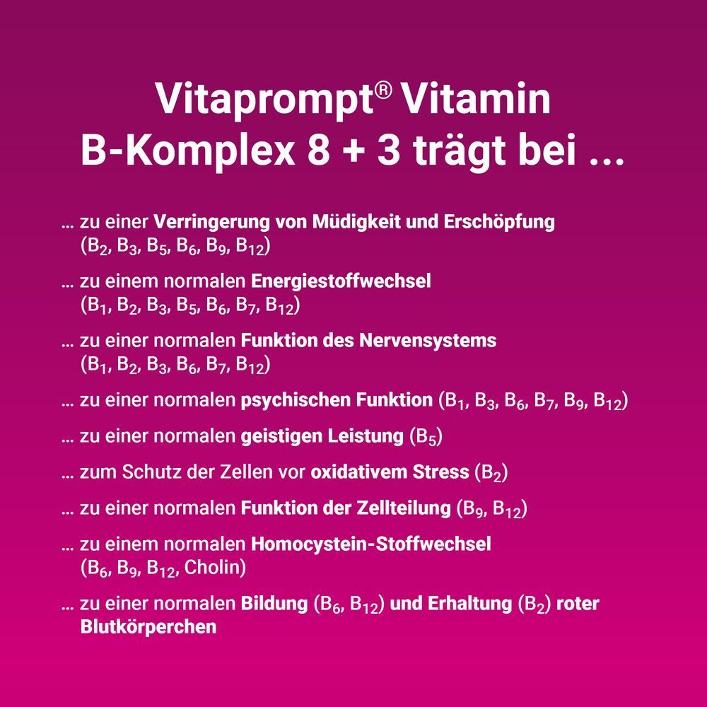 Vitaprompt Vitamin B-Komplex 8+3: Wirkung der B-Vitamine auf Müdigkeit, Energiestoffwechsel, Nervensystem.