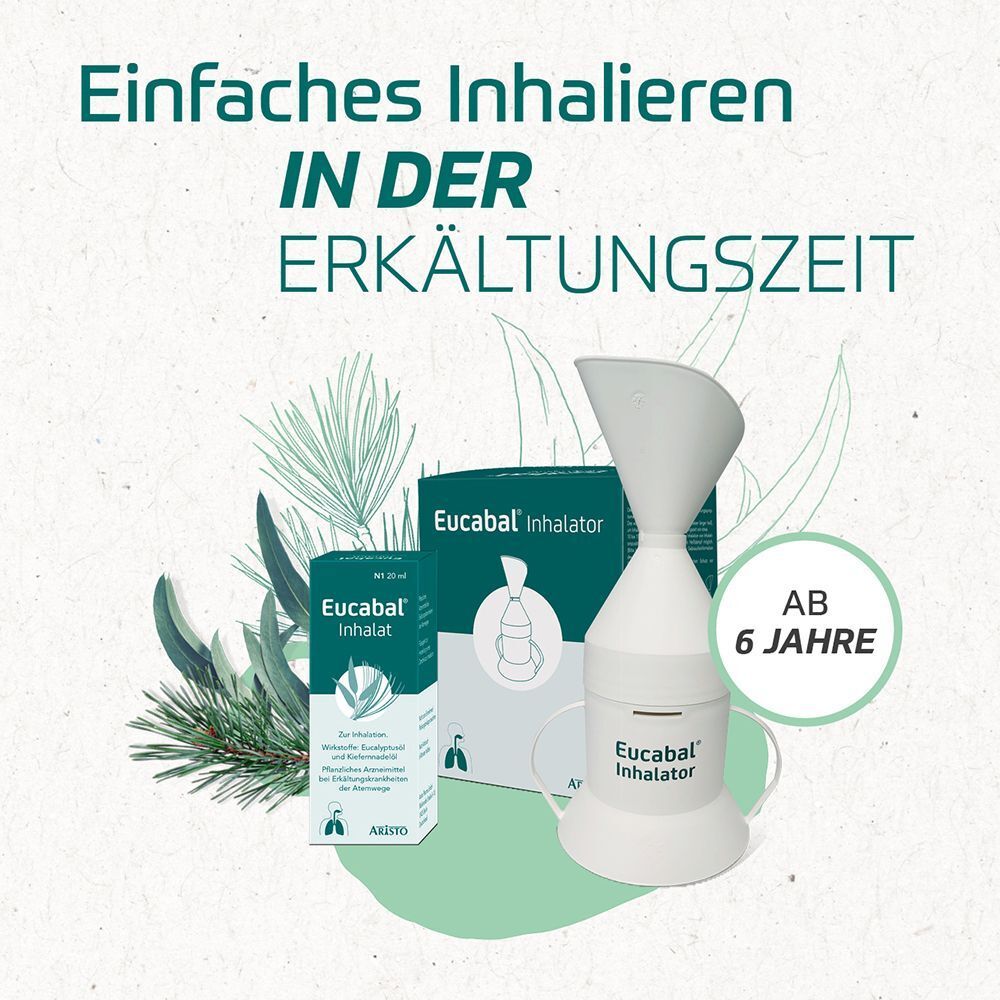 Eucabal® Inhalator und Verpackung. Text: Einfaches Inhalieren in der Erkältungszeit. Ab 6 Jahre.
