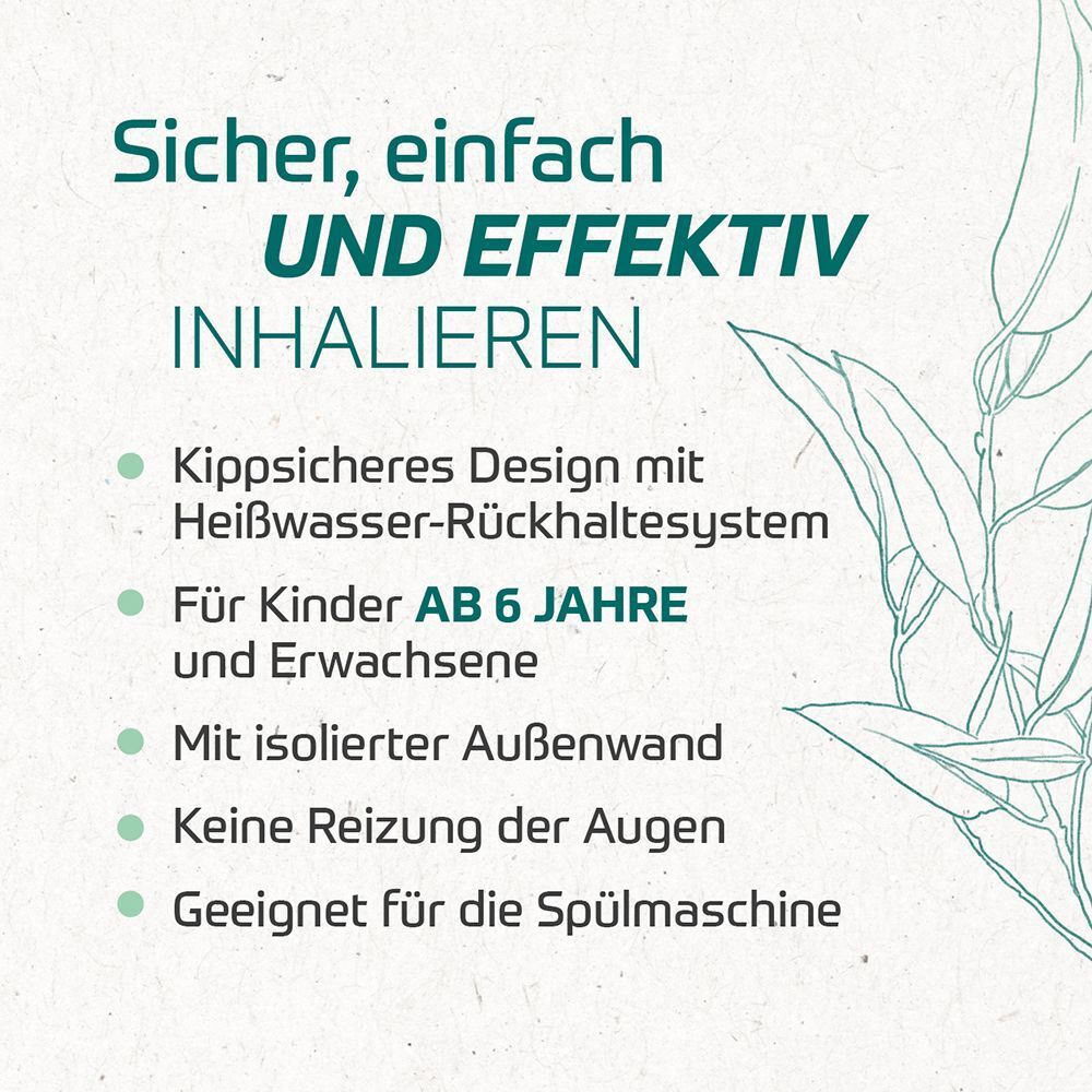 Text: Sicher, einfach und effektiv inhalieren. Für Kinder ab 6 Jahre und Erwachsene. Spülmaschinenfest.