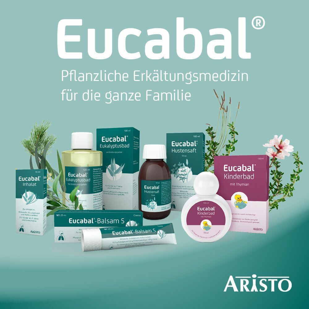 Verschiedene Eucabal® Produkte. Text: Pflanzliche Erkältungsmedizin für die ganze Familie. Marke: ARISTO.