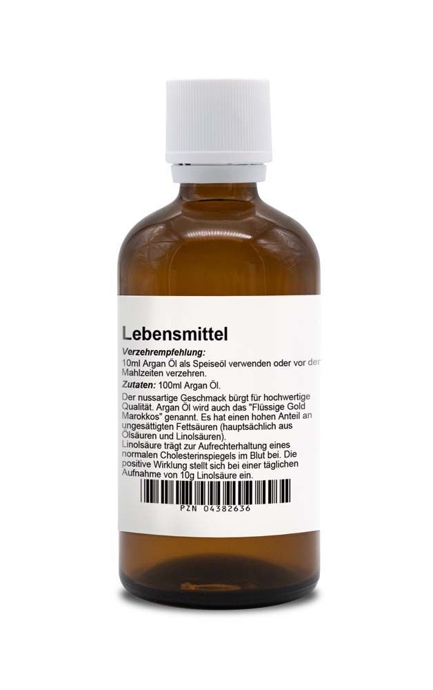 Braune Glasflasche mit weißem Deckel und Etikett. Aufschrift: Lebensmittel. Text über Inhaltsstoffe und Nährwerte. Barcode.