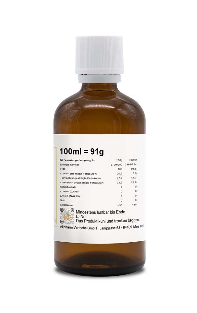 Braune Glasflasche mit weißem Deckel und Etikett. Aufschrift: 100ml = 91g. Nährwertangaben. Mindesthaltbarkeitsdatum. Logo: ALLPHARM.