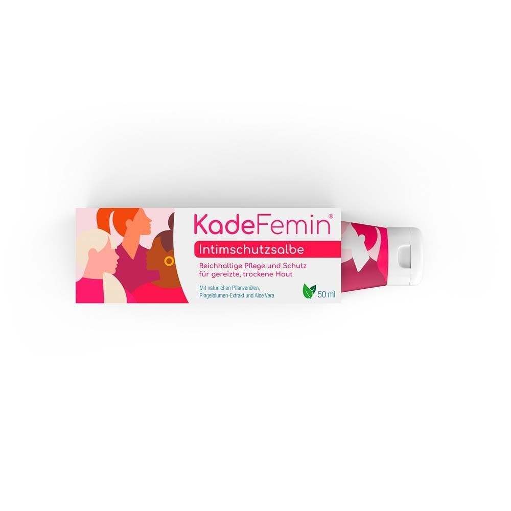 KadeFemin Intimschutzsalbe Tube und Verpackung. Weiße Tube, rosa Schrift. Verpackung mit Frauen-Illustration.