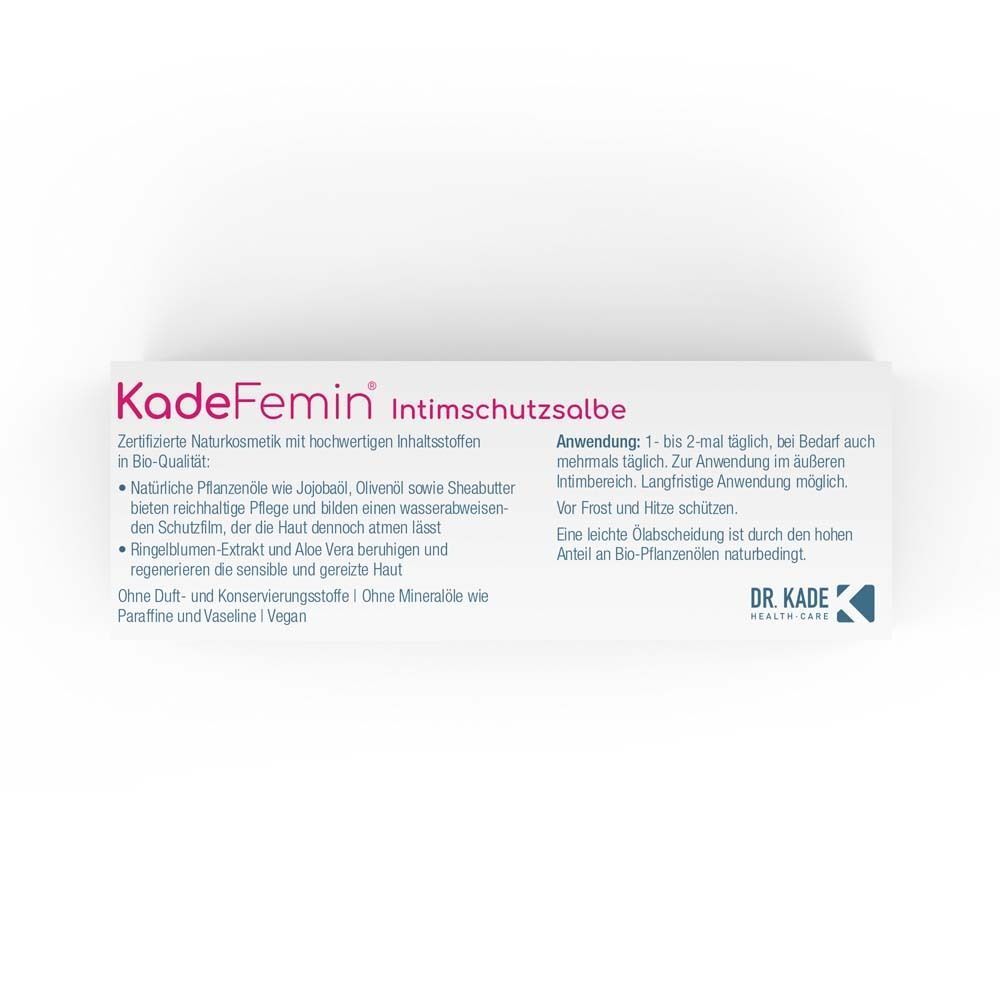 KadeFemin Intimschutzsalbe Verpackung. Text: zertifizierte Naturkosmetik. Inhaltsstoffe und Anwendungshinweise. Dr. Kade Logo.