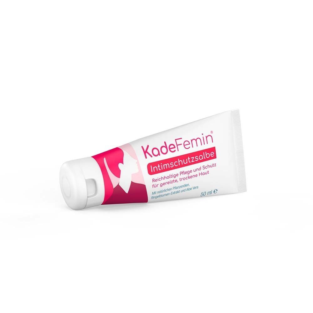 KadeFemin Intimschutzsalbe Tube. Weiße Tube mit rosa Schrift. Aufschrift: Intimschutzsalbe. 50 ml.