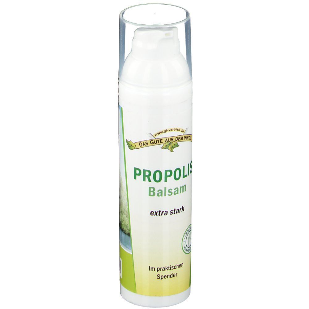 Weiße Spenderflasche mit transparentem Deckel. Aufschrift: PROPOLIS Balsam extra stark. Grünes Etikett mit Logo.