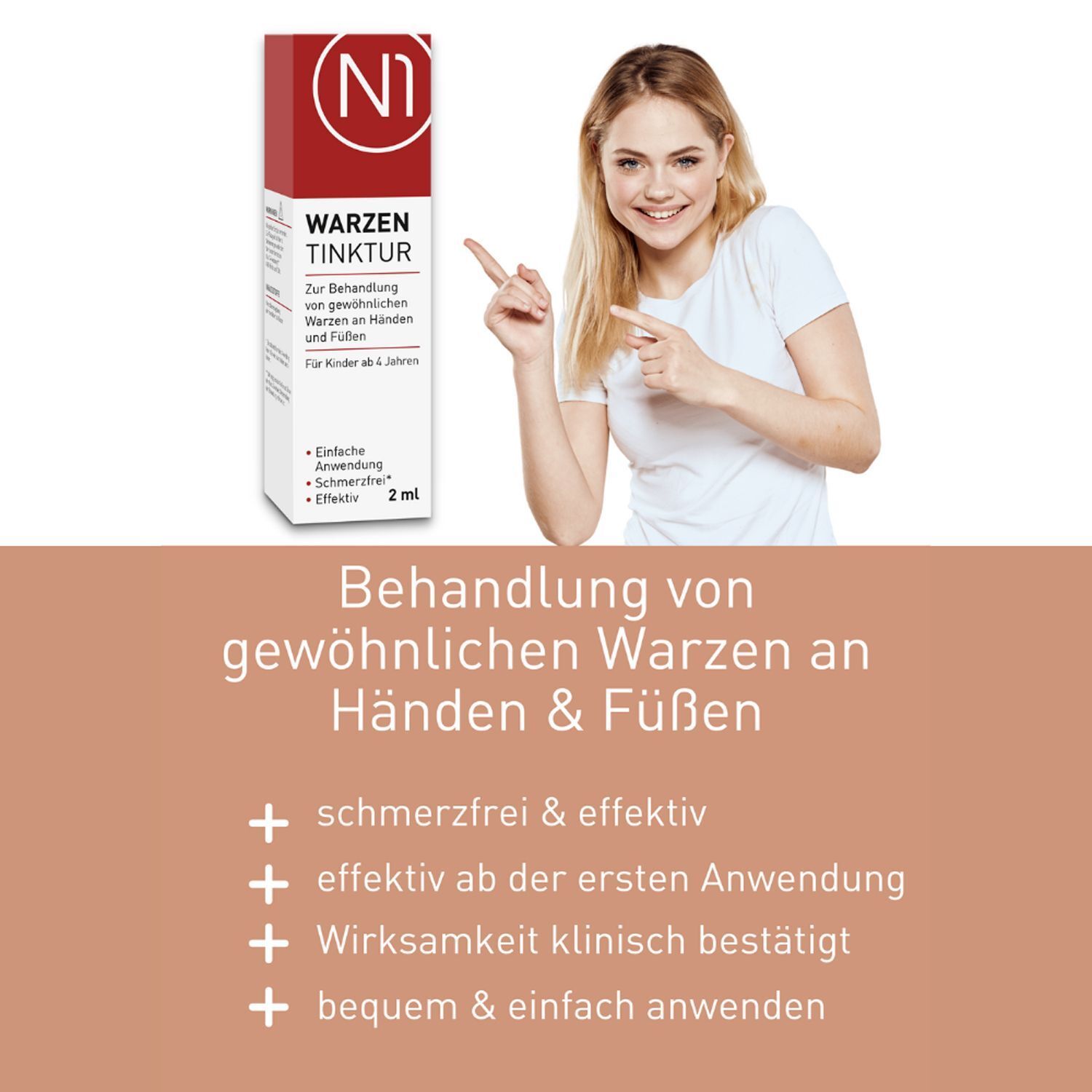 Text auf braunem Hintergrund: Behandlung von Warzen an Händen & Füßen. Pluspunkte: schmerzfrei & effektiv, effektiv ab der ersten Anwendung.